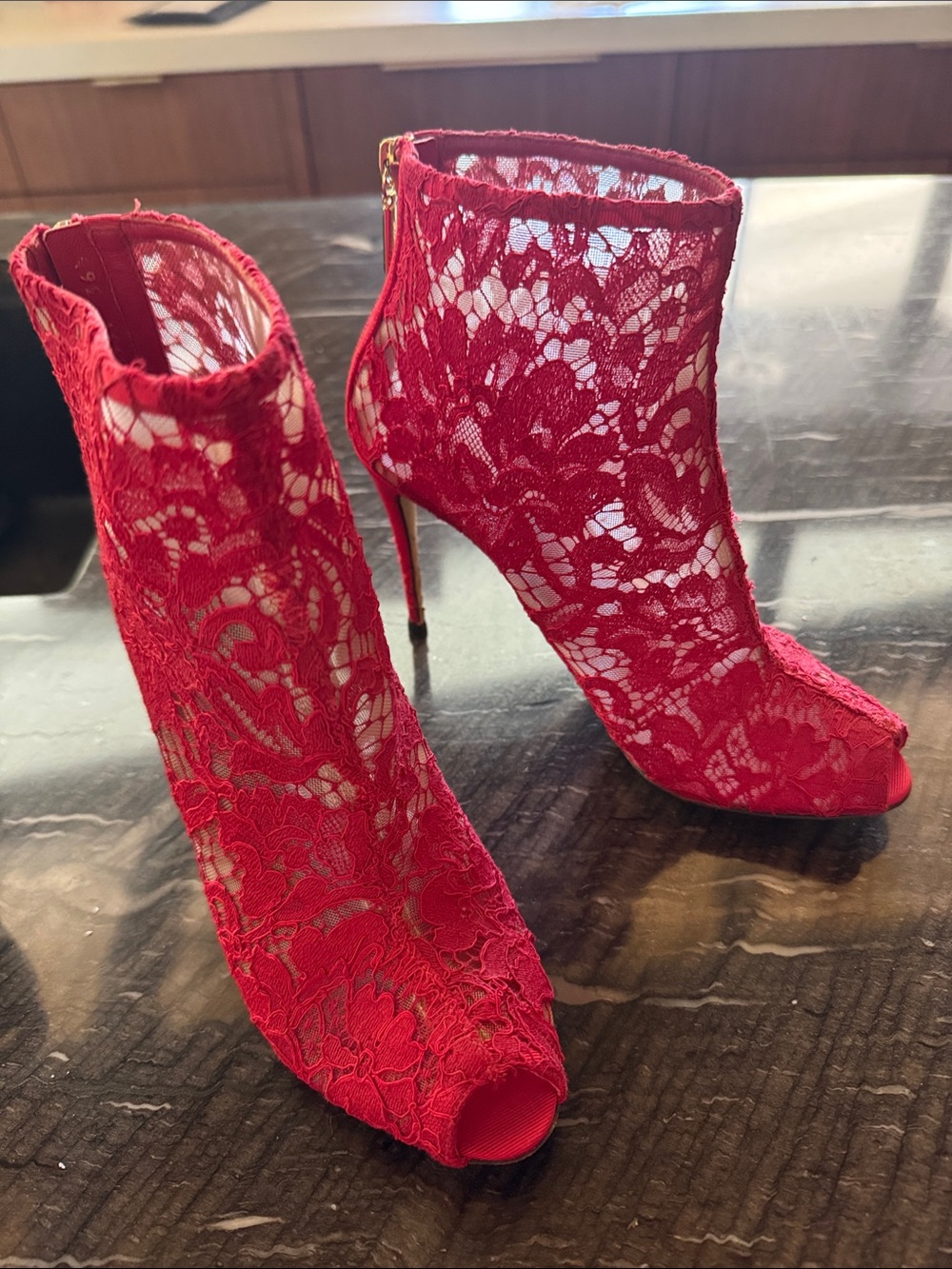 Dolce & Gabbana Red Lace Peep-Toe Stiletto Ankle Boots